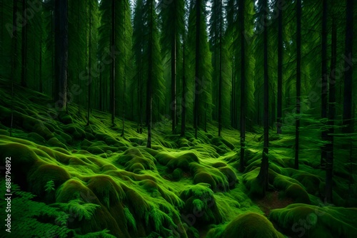 A dense boreal forest with tall coniferous trees and a carpet of moss