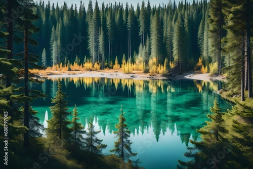 A serene taiga landscape with a crystal-clear lake framed by evergreen trees
