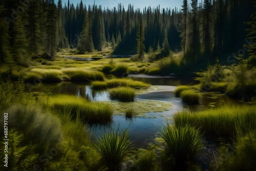 A tranquil taiga wetland with a meandering stream and water-loving plants © ANAS