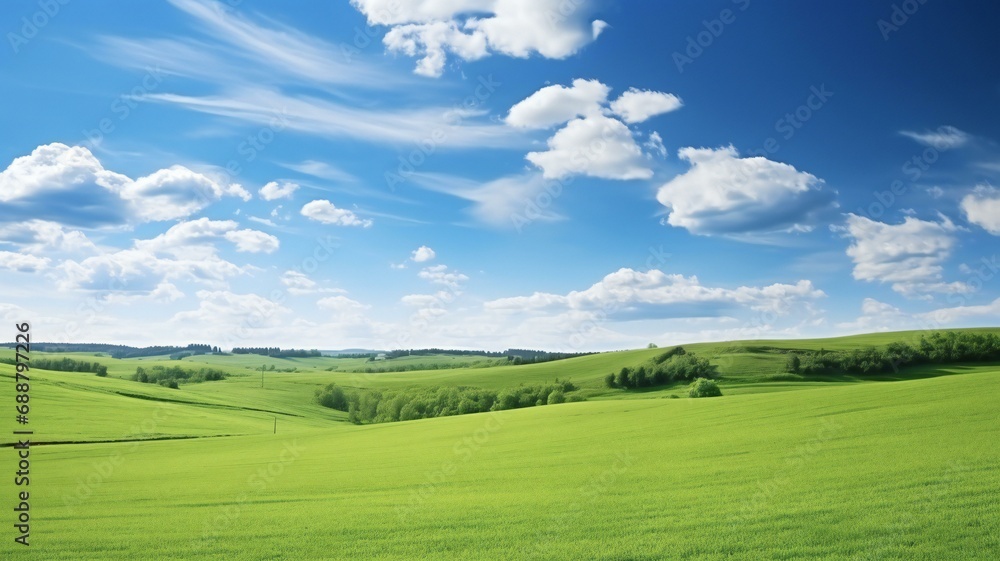 the green fields of the countryside under a blue sky the green fields of the countryside under a blue sky