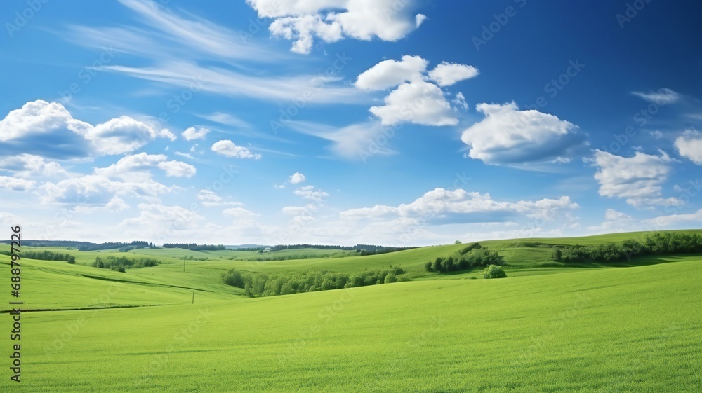 the green fields of the countryside under a blue sky