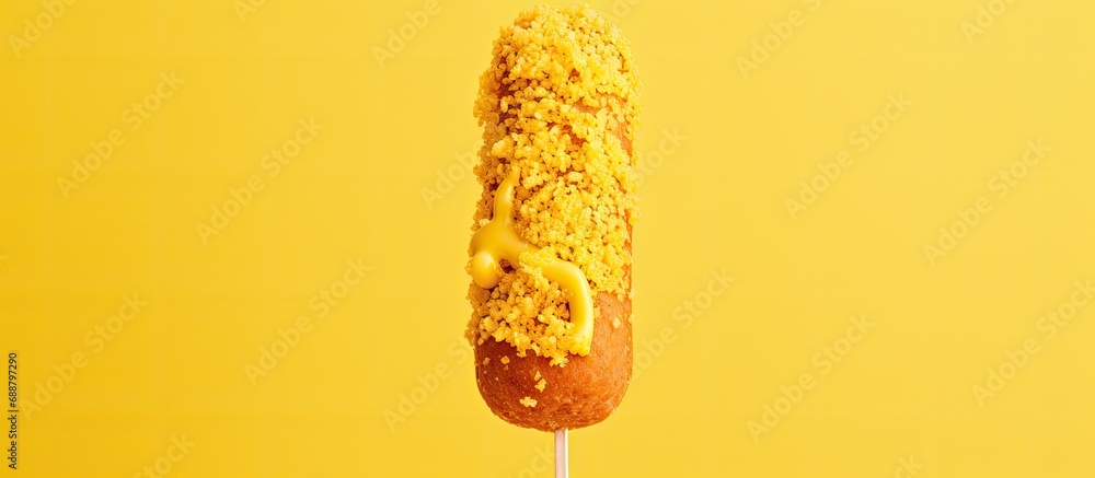 Mustard-covered fried sausage on a homemade corn dog stick. - obrazy, fototapety, plakaty 