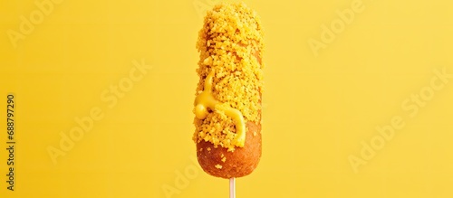 Mustard-covered fried sausage on a homemade corn dog stick.