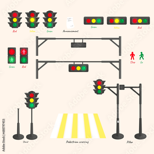 A large construction kit that includes: Traffic lights with red, yellow and green lights. Horizontal and vertical. Traffic lights for cars and pedestrians. Pedestrian crossing. Pillars, stands, racks.