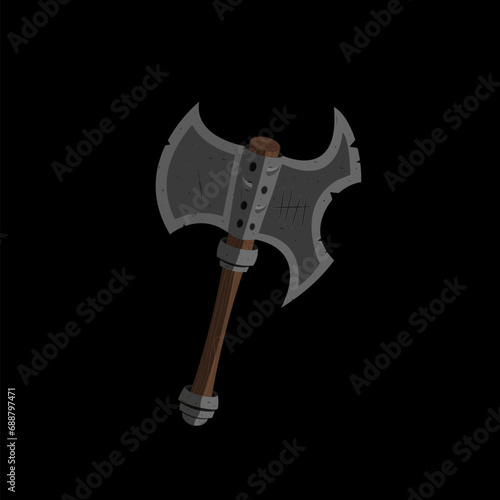 A fantasy orcish battle steel axe with a wooden handle, with scratches and damage in a painted style. One-handed or two-handed weapons. Vector illustration. photo