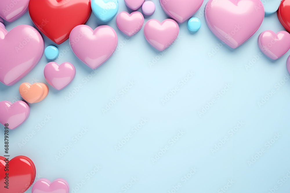 Valentine's Day background, with 3D hearts, with copy space, in candy pastel color. On a blue background, bright and rich for design.