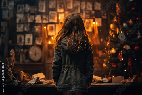 a little girl is standing near a christmas tree in dark