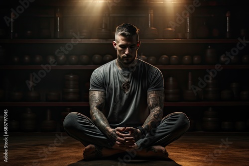 a man sitting in a gym with a spotlight shining