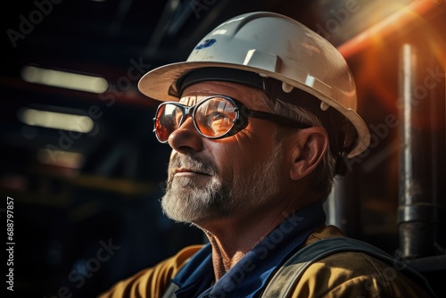 a man in a hard hat and a safety goggles is driving © Photo And Art Panda
