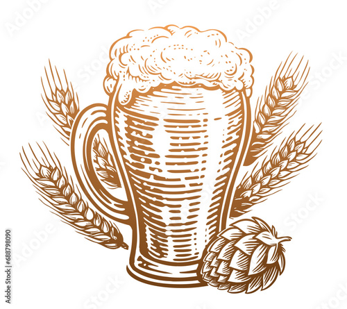 Beer glass with overflowing foam, hops and wheat. Pub, sketch vintage vector illustration