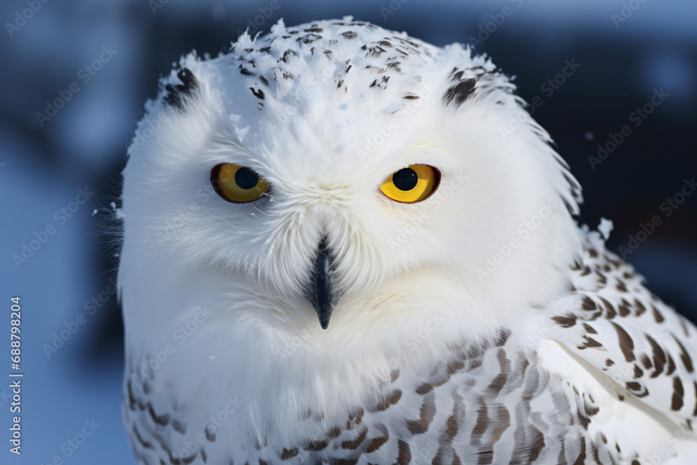 Fototapeta premium White snowy owl sitting in nature portrait. Creature