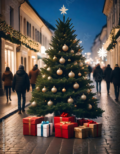  A decorated Christmas tree with presents in a pedestrian zone. generative ai
