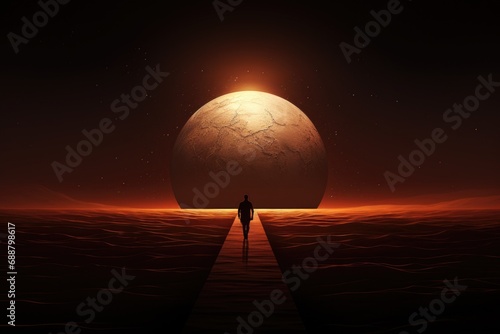 A man stands in awe as he gazes at a giant moon. Perfect for illustrating wonder and amazement. photo