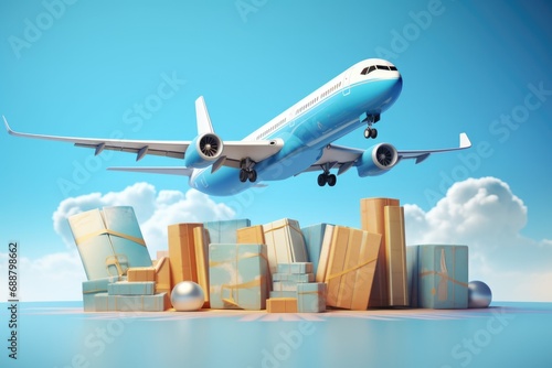 An airplane flying over a pile of boxes. Can be used to depict transportation, logistics, or delivery concepts