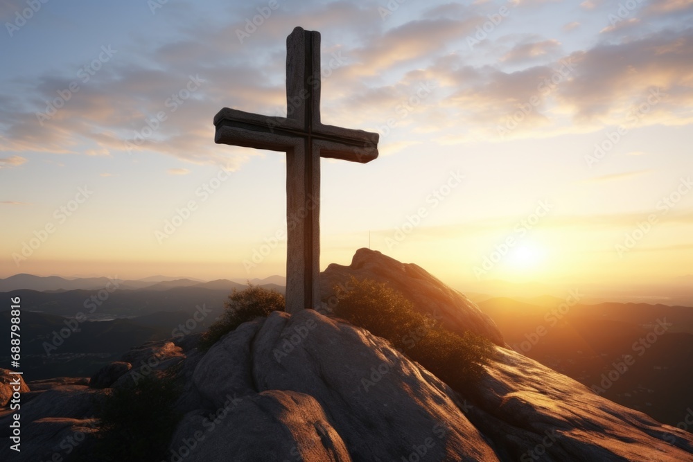 A cross standing tall on top of a mountain, illuminated by the warm colors of a beautiful sunset. Perfect for religious themes and inspirational concepts - obrazy, fototapety, plakaty 