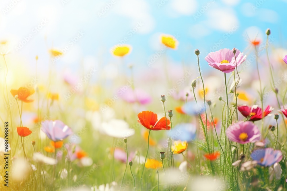 Field of colorful flowers with a beautiful blue sky in the background. Perfect for nature enthusiasts and summer-themed designs Field of colorful flowers with a beautiful blue sky in the background. Perfect for nature enthusiasts and summer-themed designs