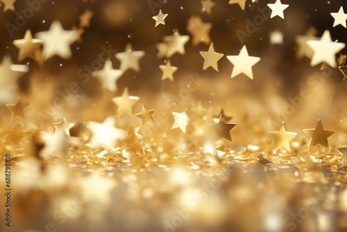 A bunch of gold stars floating in the air. Suitable for various purposes