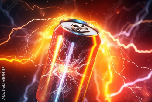 A can of energy drink with a vibrant lightning background. Suitable for promoting energy drinks or illustrating power and energy concepts