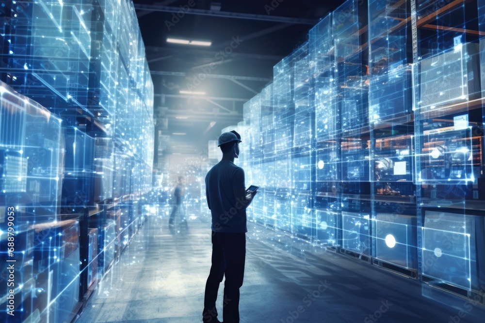 A man standing in a warehouse, focused on his cell phone. Suitable for technology, communication, and business-related concepts A man standing in a warehouse, focused on his cell phone. Suitable for technology, communication, and business-related concepts