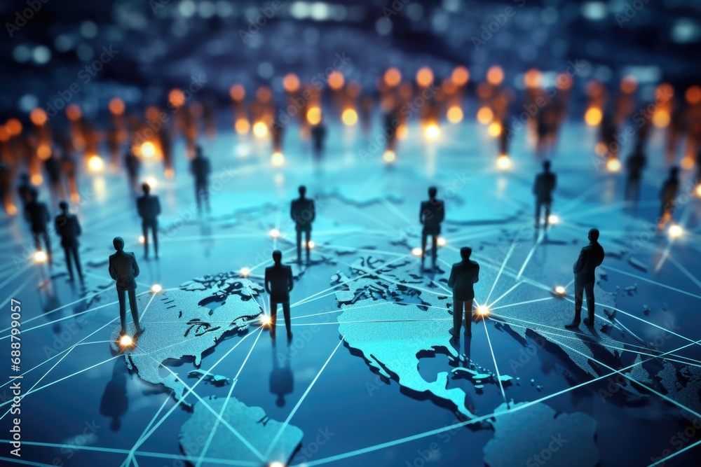 A group of people standing on top of a world map. Can be used to represent teamwork, global collaboration, or international business - obrazy, fototapety, plakaty 