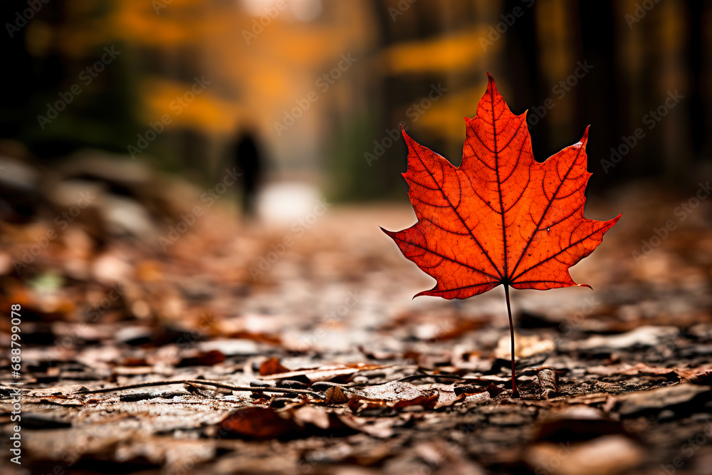 An autumn maple leaf stands on a forest road.