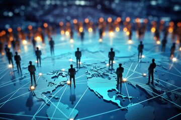 A group of people standing on top of a world map. Can be used to represent teamwork, global collaboration, or international business