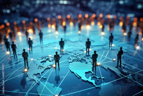 A group of people standing on top of a world map. Can be used to represent teamwork, global collaboration, or international business photo