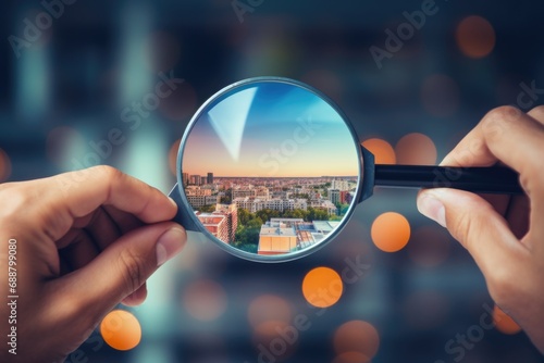 Hands holding a magnifying glass, focusing on a cityscape. Can be used to illustrate concepts of urban exploration, detective work, or searching for opportunities in a city