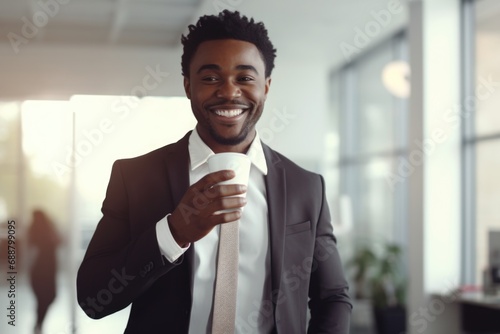 A man dressed in a suit and tie holds a cup of coffee. Suitable for business-related themes and concepts