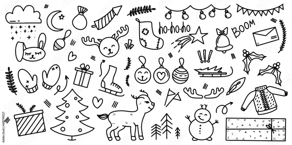 Winter handmade doodle. Set of Christmas design elements in doodle style. Merry Christmas and Happy New Year winter doodle. Vector doodle illustrations, thin line art sketch, icon style concept.
