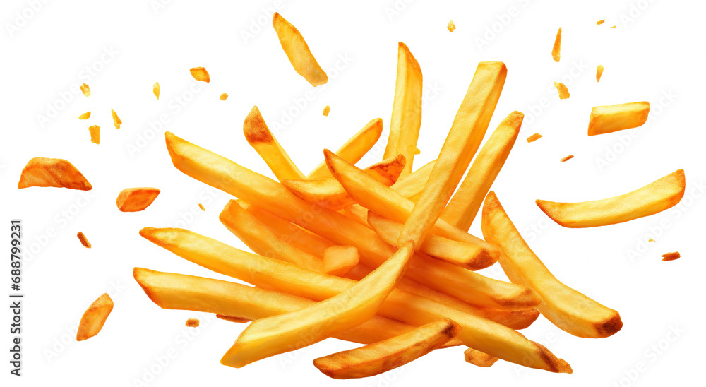 Flying delicious potato fries, cut out Flying delicious potato fries, cut out
