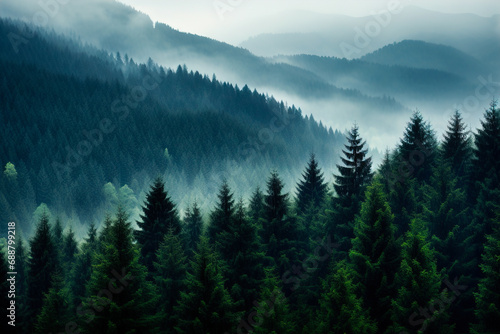 A beautiful landscape with fir trees and mountains buried in fog. © Evgeniya Uvarova