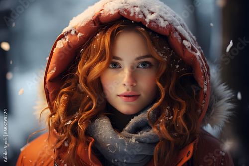 A red-haired girl walks in the park in a snowfall, wearing a hood. winter portrait. a young woman with long curly hair.