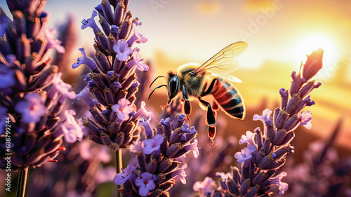 Nature's ballet: wasp, lavender, golden dusk.