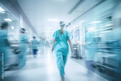 A blurry photo capturing a hospital hallway. This image can be used to depict the busy and fast-paced environment of a medical facility photo