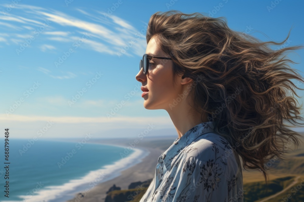 A woman with long hair standing on a cliff, admiring the breathtaking view of the ocean. Perfect for travel and adventure themes