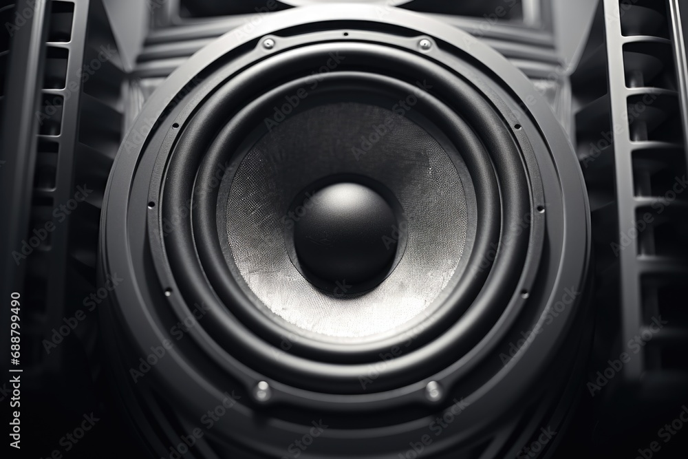 A close up view of a speaker against a black background. This image can be used to represent sound, music, technology, or audio equipment. A close up view of a speaker against a black background. This image can be used to represent sound, music, technology, or audio equipment.
