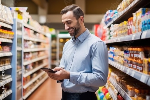 Wallpaper Mural A man standing in a grocery store, engrossed in his phone. Perfect for illustrating modern technology use in everyday life Torontodigital.ca