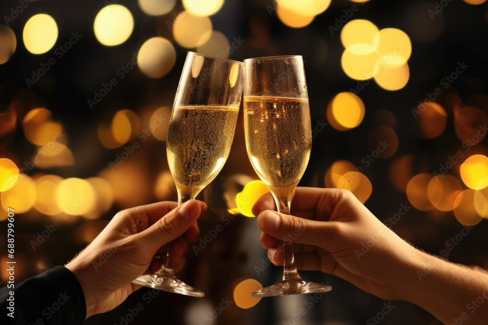 A festive image of two people holding glasses of champagne in front of a beautifully decorated Christmas tree. Perfect for holiday-themed designs and celebrations