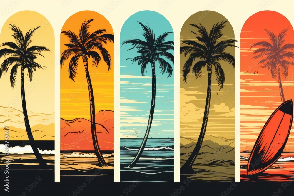 Surfboards lined up on the beach with beautiful palm trees in the ...