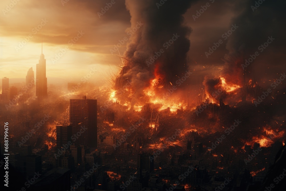A picture capturing a city engulfed in fire and smoke. This dramatic image can be used to depict destruction, disaster, or urban chaos.