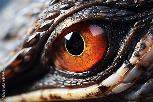 A close-up view of a bird's eye and beak. This image can be used to showcase the intricate details of a bird's facial features