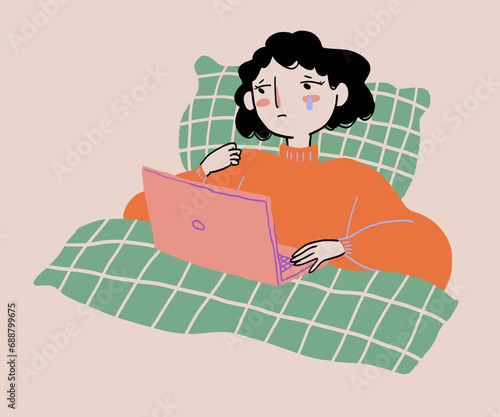 Sad cartoon woman watching movie and crying