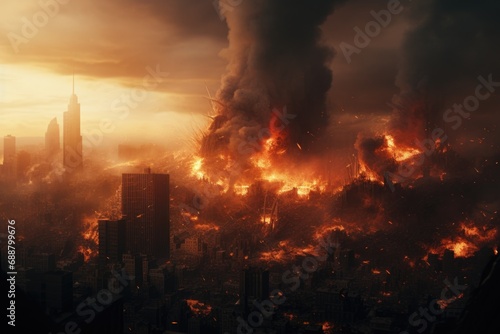 A picture capturing a city engulfed in fire and smoke. This dramatic image can be used to depict destruction  disaster  or urban chaos.