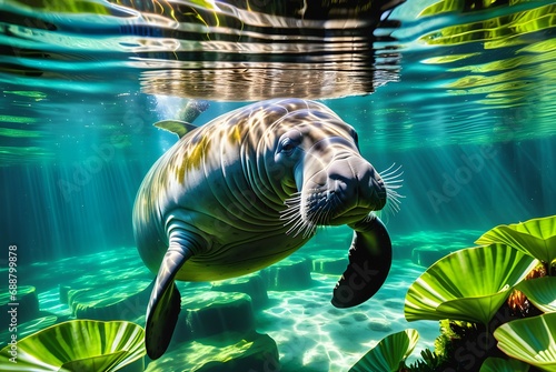 A serene image capturing the grace of a manatee as it glides through calm waters photo