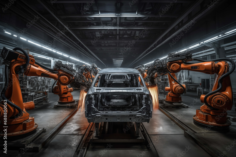 Robots in workshop of automobile plant. Automotive robotic factory. Welding Robot, assembly line production cars Manufacture. Robotic line conveyor. Robotic Welding Manufacture. Car assembly plant Robots in workshop of automobile plant. Automotive robotic factory. Welding Robot, assembly line production cars Manufacture. Robotic line conveyor. Robotic Welding Manufacture. Car assembly plant