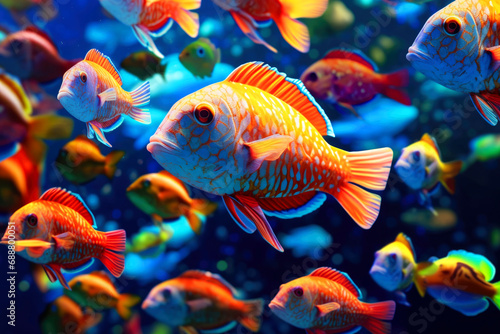 Fish restaurant, seafood dishes. A school of colorful fish in the sea