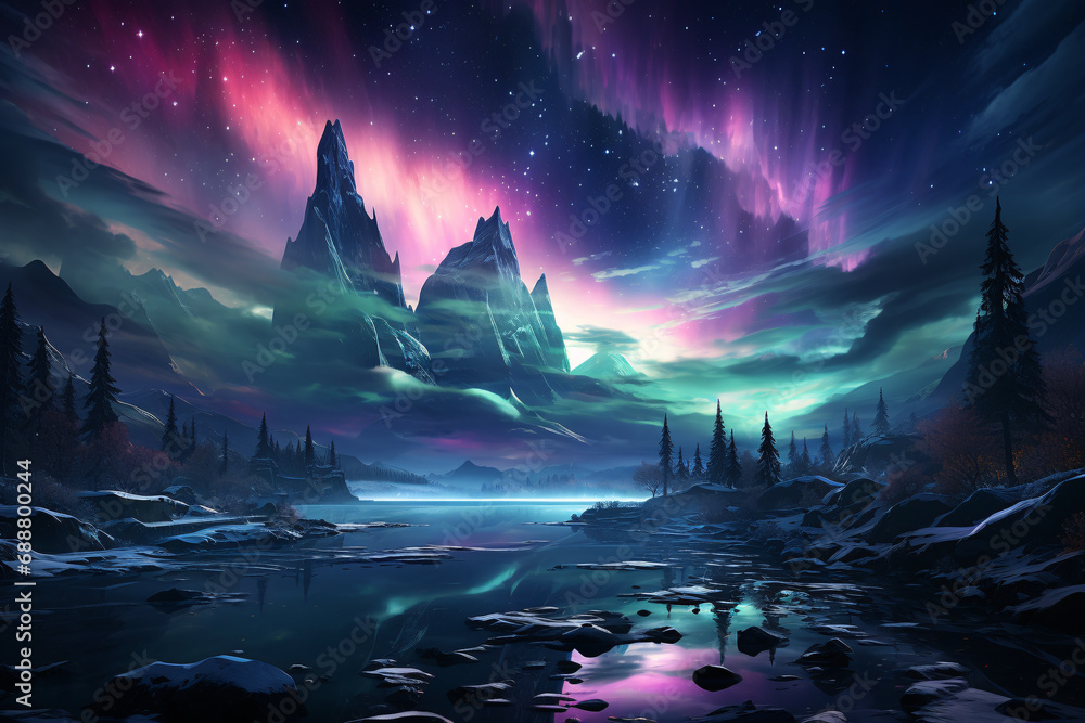 multicolored flashes of the aurora borealis in the sky. the northern night landscape. - obrazy, fototapety, plakaty 