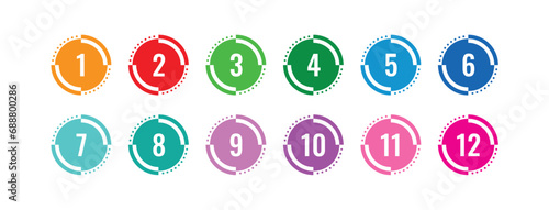 colorful 1-12 numbers. numbers in circle. colored buttons and numbers