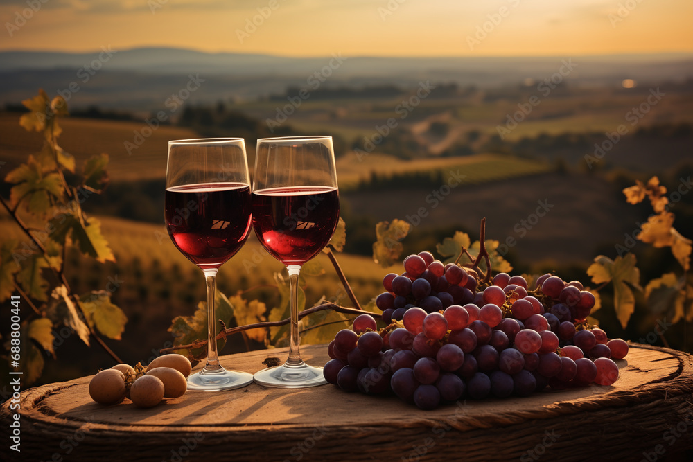 Beautiful composition with wine bottle, grape and cheese, ai generated